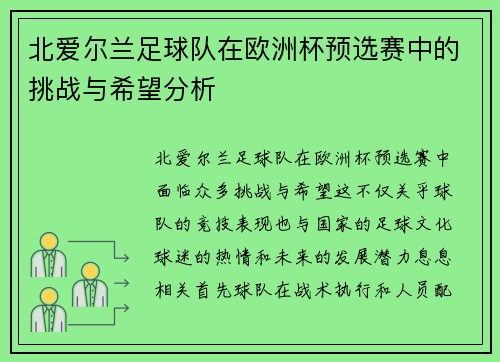 北爱尔兰足球队在欧洲杯预选赛中的挑战与希望分析